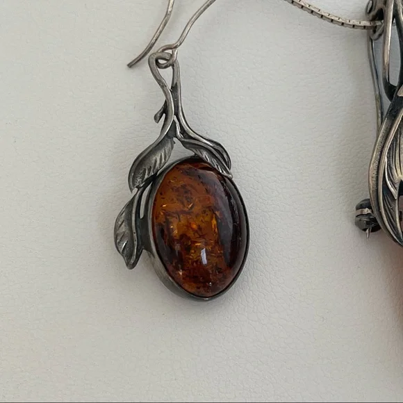 Vintage Sterling silver 925 Baltic Amber necklace pendant pin earrings brooch - Picture 10 of 16